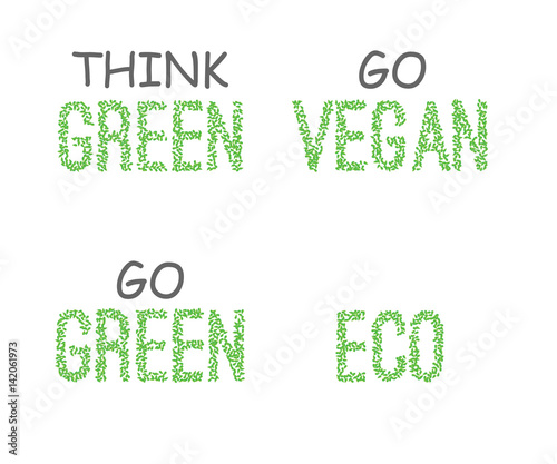 Set of signs made with green leafs. Ecological concept.