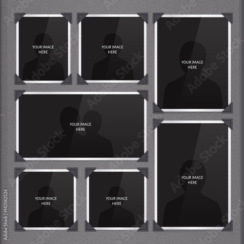 Page of photo album, with photo frames and corner.