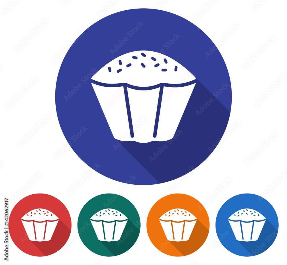 Round icon of cupcake. Flat style illustration with long shadow in five variants background color Round icon of cupcake. Flat style illustration with long shadow in five variants background color