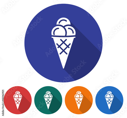 Round icon of  ice cream cone. Flat style illustration with long shadow in five variants background color