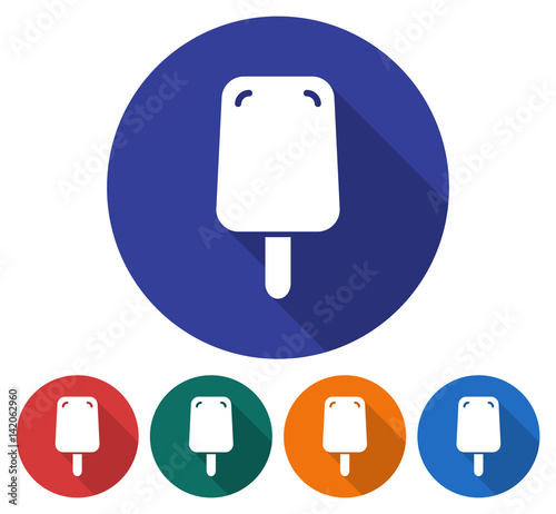Round icon of  ice cream. Flat style illustration with long shadow in five variants background color