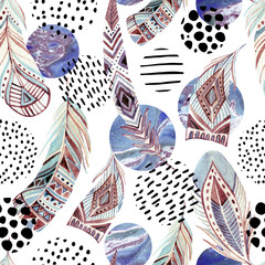 Papier peint photo Plumes aquarelles patrons Plumes tribales marbrées effet grunge  © Tanya Syrytsyna