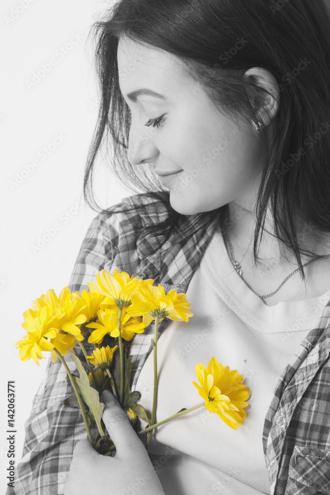 Close-up portrait of Beautiful young woman smell a flower with close eyes. (Pleasure, nature, travel, vacation) Close-up portrait of Beautiful young woman smell a flower with close eyes. (Pleasure, nature, travel, vacation)