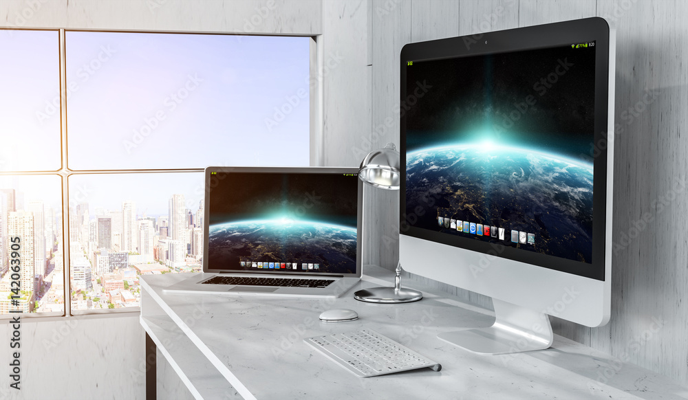 Fototapeta premium Modern desktop interior with computer and devices 3D rendering