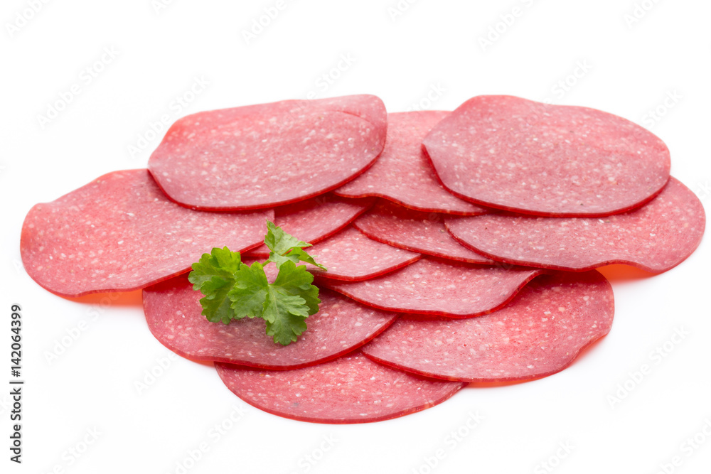Salami smoked sausage one slice isolated on white background cutout. Salami smoked sausage one slice isolated on white background cutout.