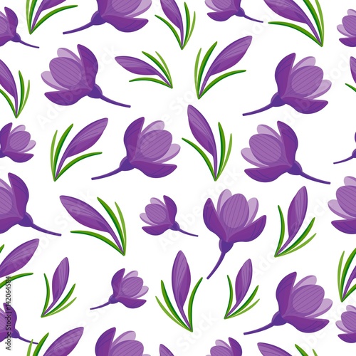 Spring seamless pattern with violet spring flowers. Vector illustration, cartoon style