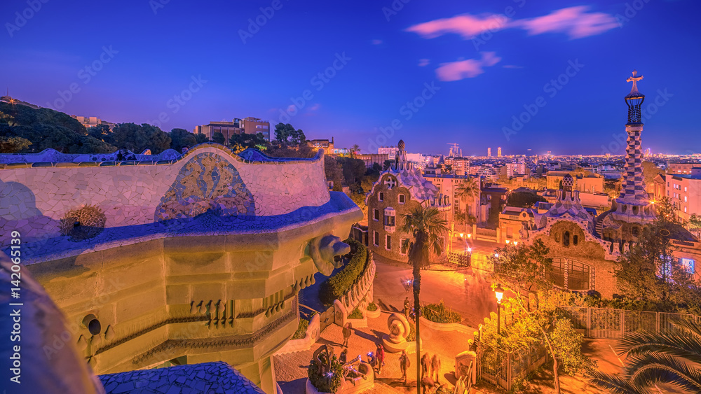 Fototapeta premium &nbsp;Barcelona,&nbsp;Catalonia, Spain: the&nbsp;Park Guell of Antoni Gaudi at sunset 