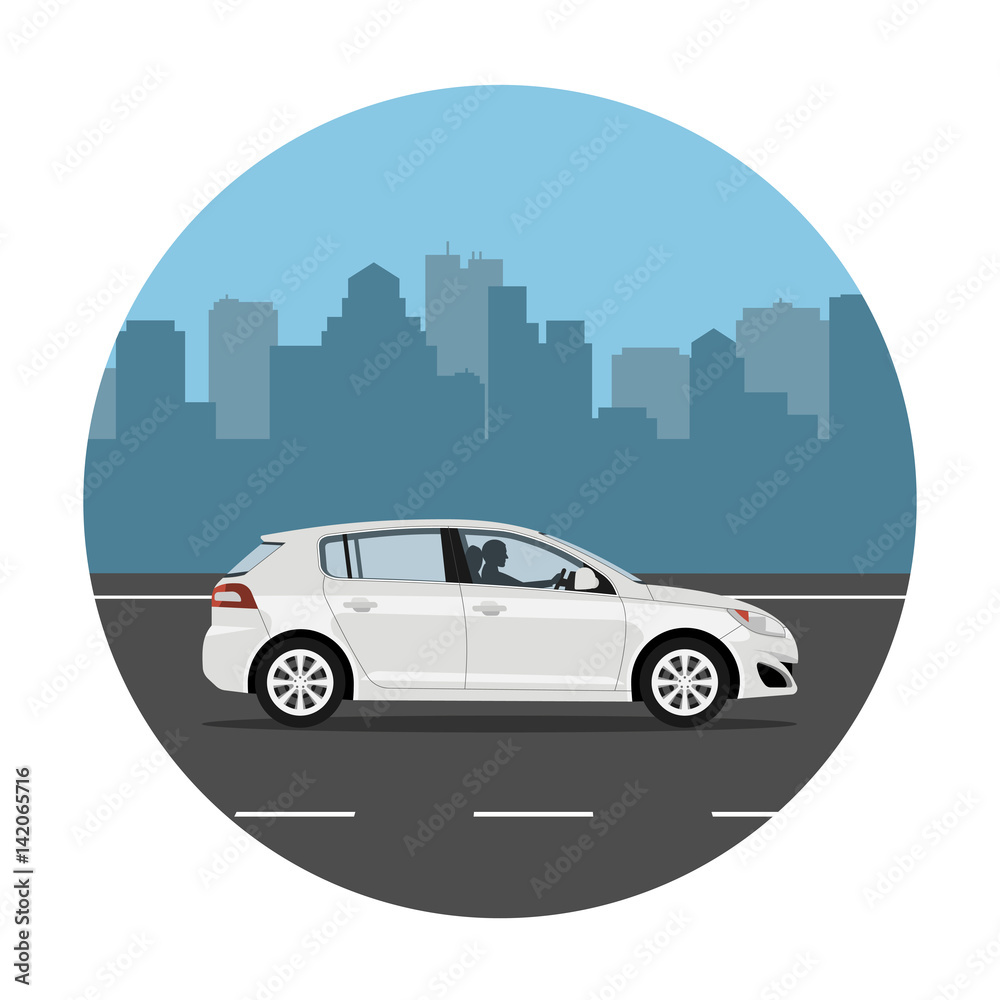 Car on the road over city background. Man driving the white hatchback ...