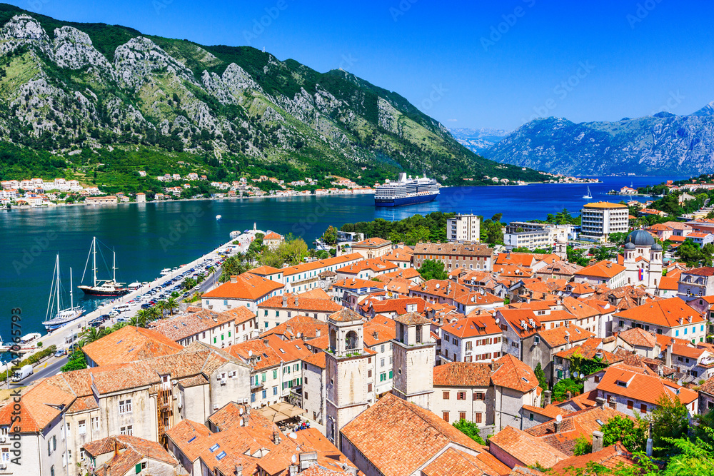 Kotor, Montenegro. View of Bay of Kotor old town from Lovcen mountain.