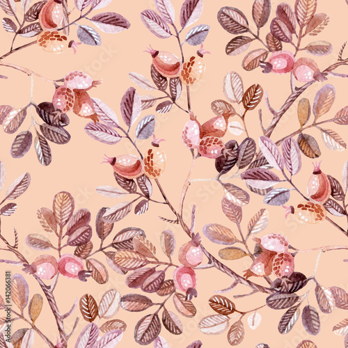 Watercolor seamless pattern with Dog Rose branches