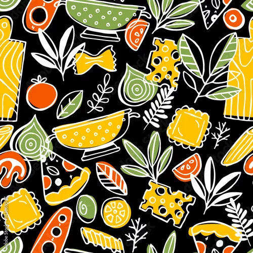 Tapety Wzór pizzy i makaronu. Zabawa szkicowy tło żywności.