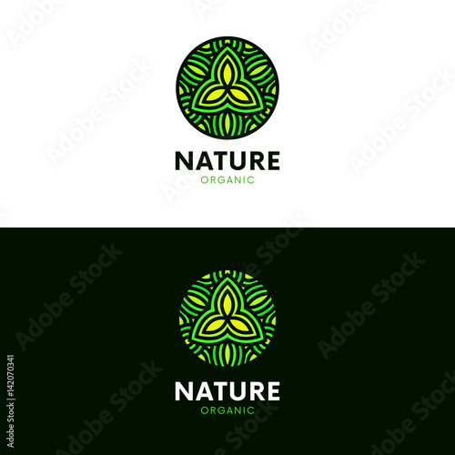 Organic leafs circle logo ornament. Natural product emblem. Round eco sign flat design.