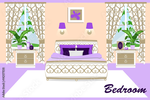 The interior of the bedroom. Bedroom set bed and nightstands. Cartoon. Vector illustration