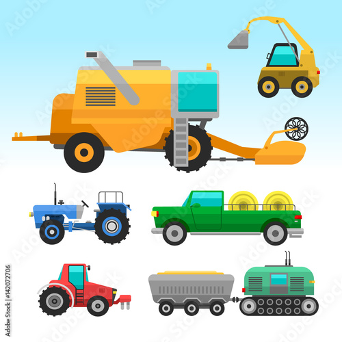 Agricultural vehicles and harvester machine combines and excavators icon set with accessories for plowing mowing, planting and harvesting vector illustration.