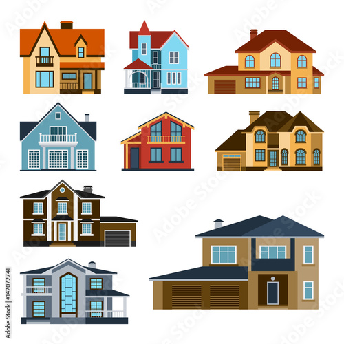 Houses front view vector illustration building architecture home construction estate residential property roof set apartment housing cottage © partyvector
