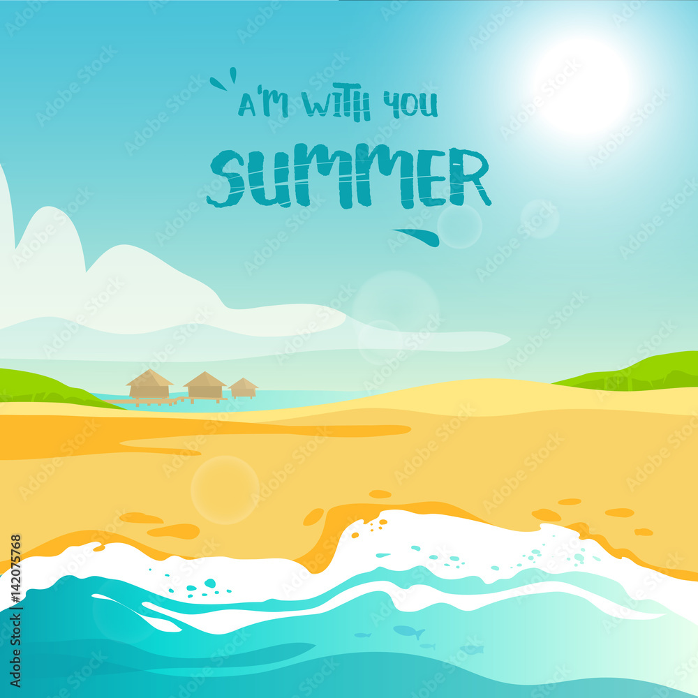 Summer vacation at the tropical seaside. Poster with a beach , blue sky and clouds. Vector illustration cartoon style