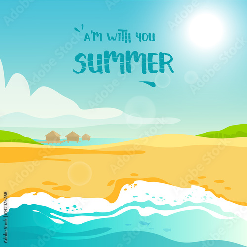 Summer vacation at the tropical seaside. Poster with a beach , blue sky and clouds. Vector illustration cartoon style