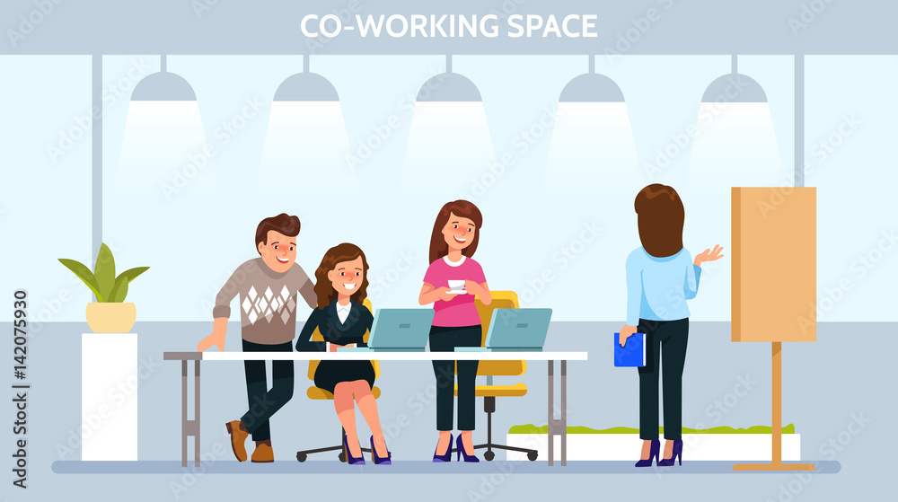 Vector illustration young adult people meeting working and talking co working center. Team teamwork togetherness collaboration