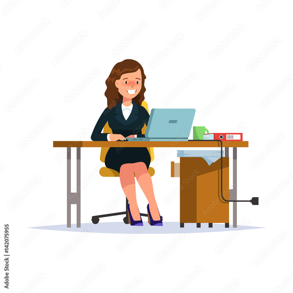 Vector flat illustration business woman sitting at her office desk and  working at his laptop. Secretary or office employee at workplace on white  background Stock Vector | Adobe Stock
