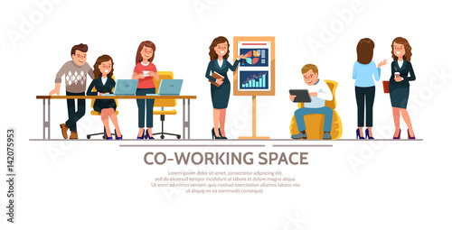 Vector illustration young adult group people meeting, working and talking co working center. Team teamwork togetherness collaboration