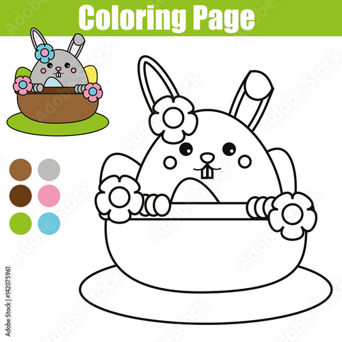 Coloring page with Easter bunny character. Printable worksheet. educational children game, drawing kids activity. rabbit in busket with eggs
