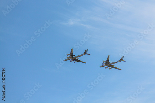 Military airplanes in the blue sky