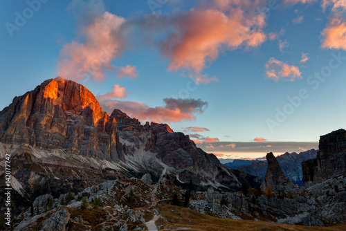 Mountain Cinque Torri (The Five Pillars) at sunrise, Dolomites, Italy