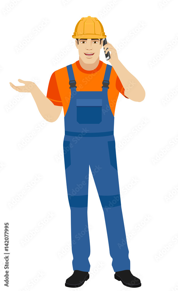 Builder talking on the mobile phone and gesturing Builder talking on the mobile phone and gesturing