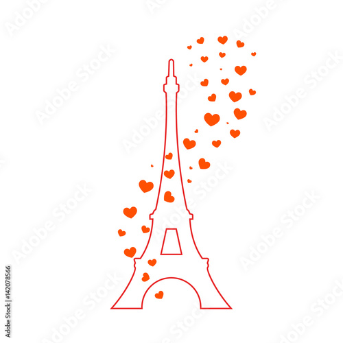 Eiffel Tower and red hearts. Vector illustration .