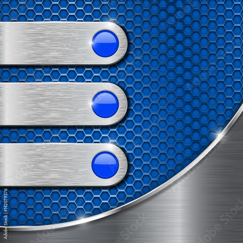 Metal blue perforated background with steel plates and silver wave