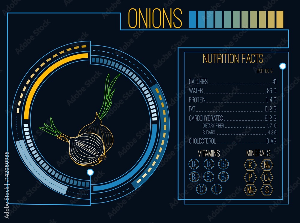 Onions. Nutrition facts. Vitamins and minerals. Futuristic Interface. HUD infographic elements