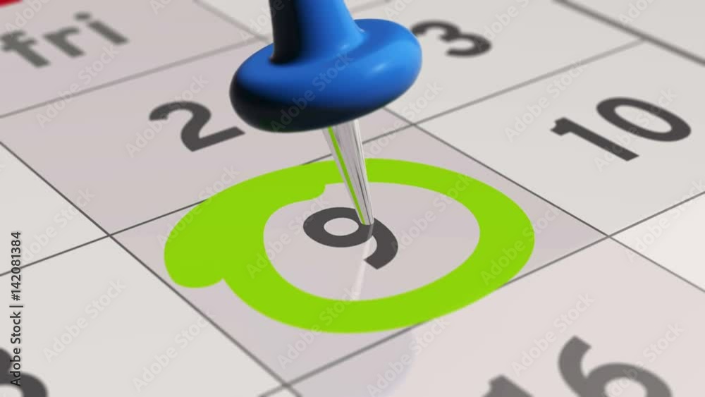 Pin on the date number 9. The ninth day of the month is marked with a blue thumbtack. 4K video animation. Pin on the date number 9. The ninth day of the month is marked with a blue thumbtack. 4K video animation.