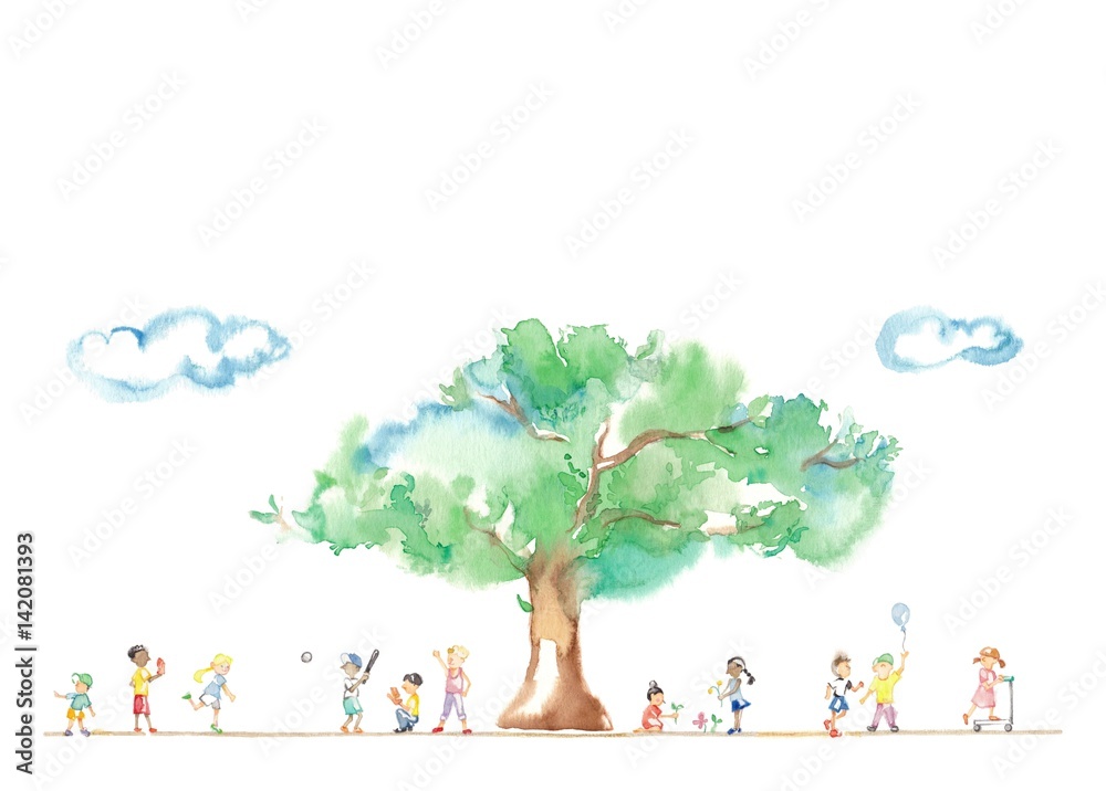 公園の大木 世界の子どもたち 雲 Stock イラスト Adobe Stock