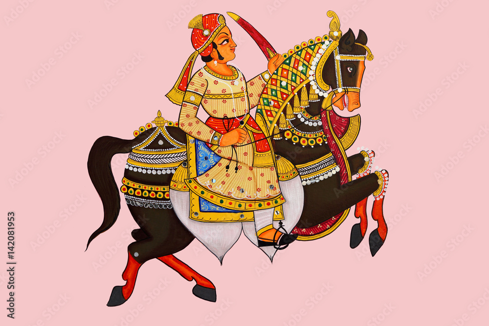 Naklejka premium Traditional Indian or Rajasthani wall painting of Horse with jockey.
