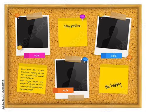 Cork notice board with photo frames, sticky notes, push pins and scotch tape. Vector.
