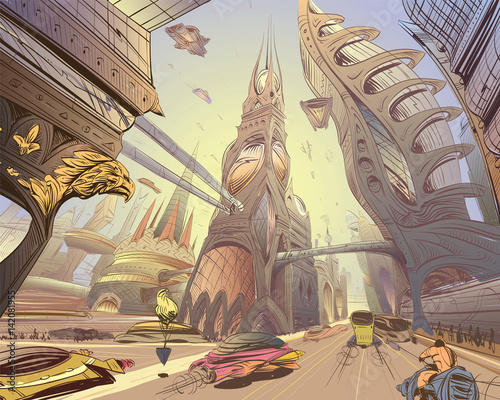 Fantastic city of the future. Concept art illustration. Sketch gaming design. Hand drawn vector painting.