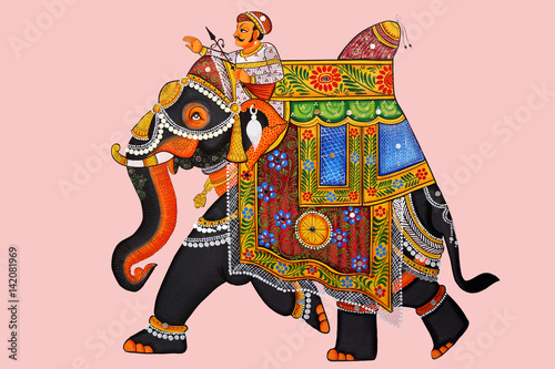 Traditional Indian or Rajasthani wall painting of Elephant with jockey.