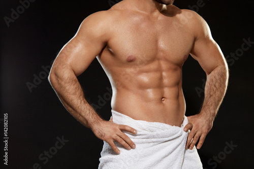 Athletic Body Of Perfect Sexy Man In Towel. Bodybuilding