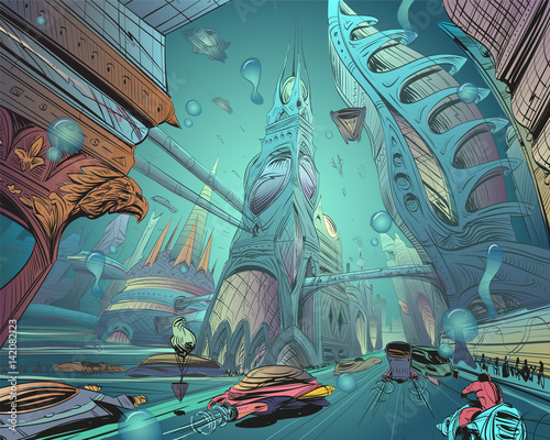 Underwater fantastic city. Concept art illustration. Sketch gaming design. Fantastic vehicles, trees, people. Hand drawn vector painting.  photo