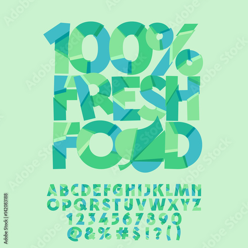 Vector green logo 100% fresh food. Vector set of colorful letters, numbers and symbols