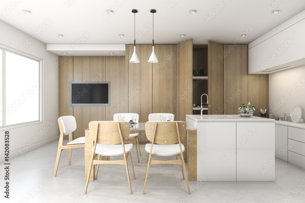 3d rendering wood white minimal kitchen with bar 3d rendering wood white minimal kitchen with bar