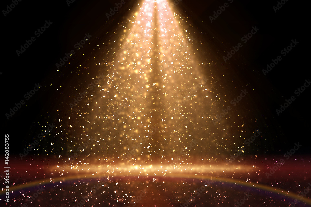 Stage light and golden glitter lights on floor. Abstract gold background for display your product. Spotlight realistic ray - obrazy, fototapety, plakaty 