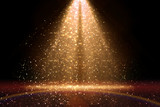Stage light and golden glitter lights on floor. Abstract gold background for display your product. Spotlight realistic ray