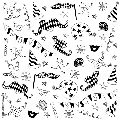 Vector Illustration. Children Drawings of Masquerade Symbols. Hand Drawn Party Elements.