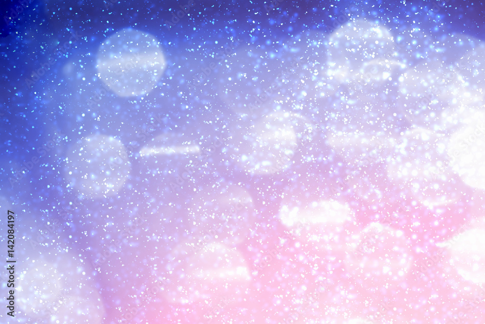 Magic Festive blue background. Abstract bokeh light and red sunlight. Christmas glitter