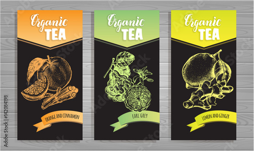 Design template for organic tea with different flavors. Cards with ink hand drawn citrus fruits and spices on a wooden background. Vector illustration.