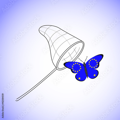 Butterfly with the flag of EU and landing net