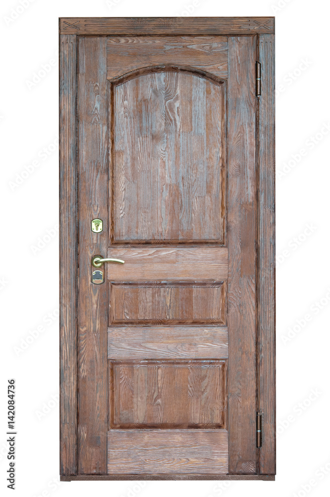 Naklejka premium Entrance wooden door on a white background. 