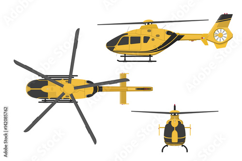Photographie Orange helicopter on a white background. Side, front, top view