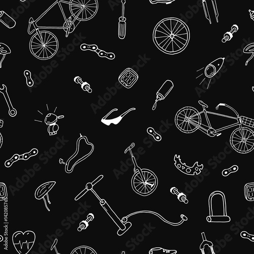 Vector seamless pattern in doodle style.Bicycle accessories.